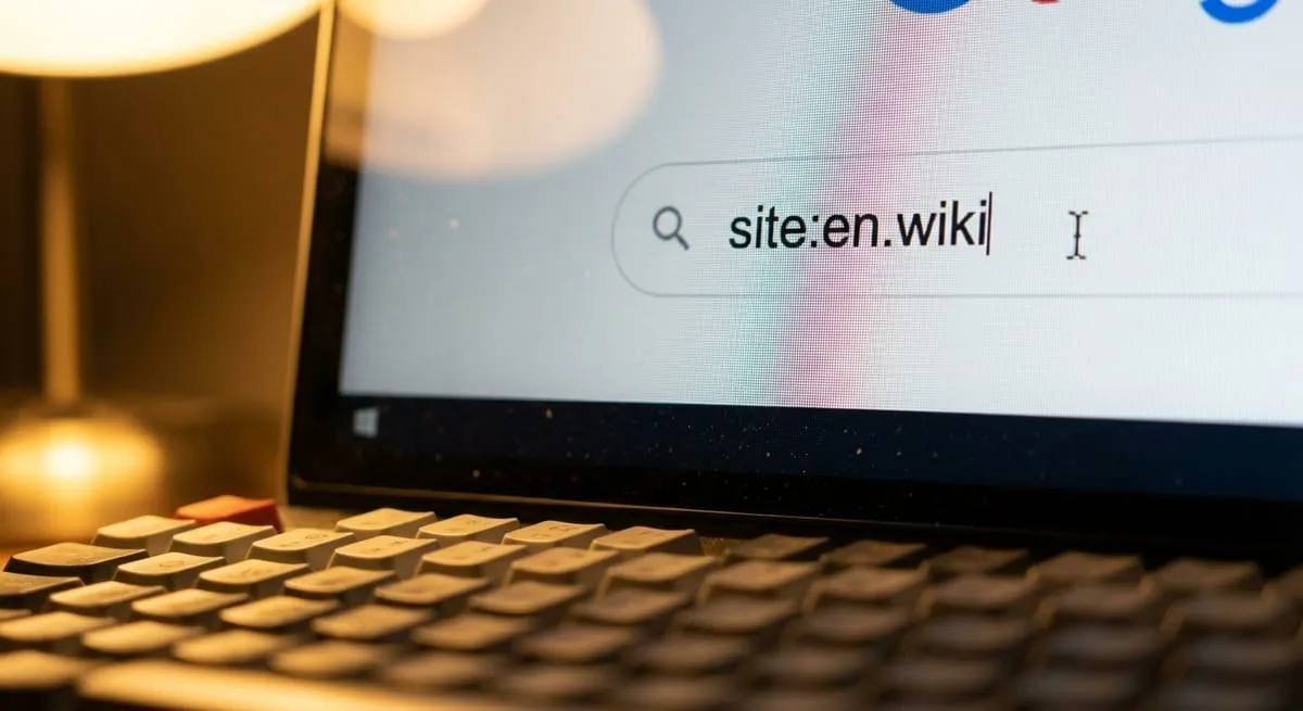 Computer screen showing Google search bar with site command for checking website indexing status