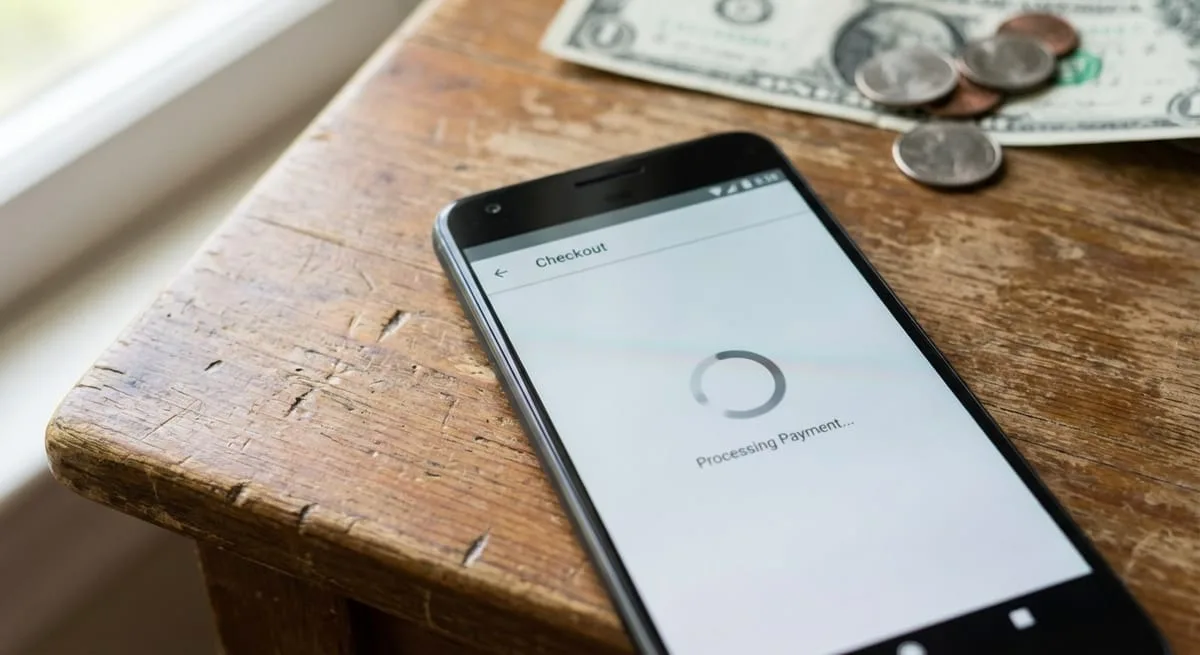 Smartphone showing frozen checkout page loading spinner with cash scattered on desk representing website speed revenue impact