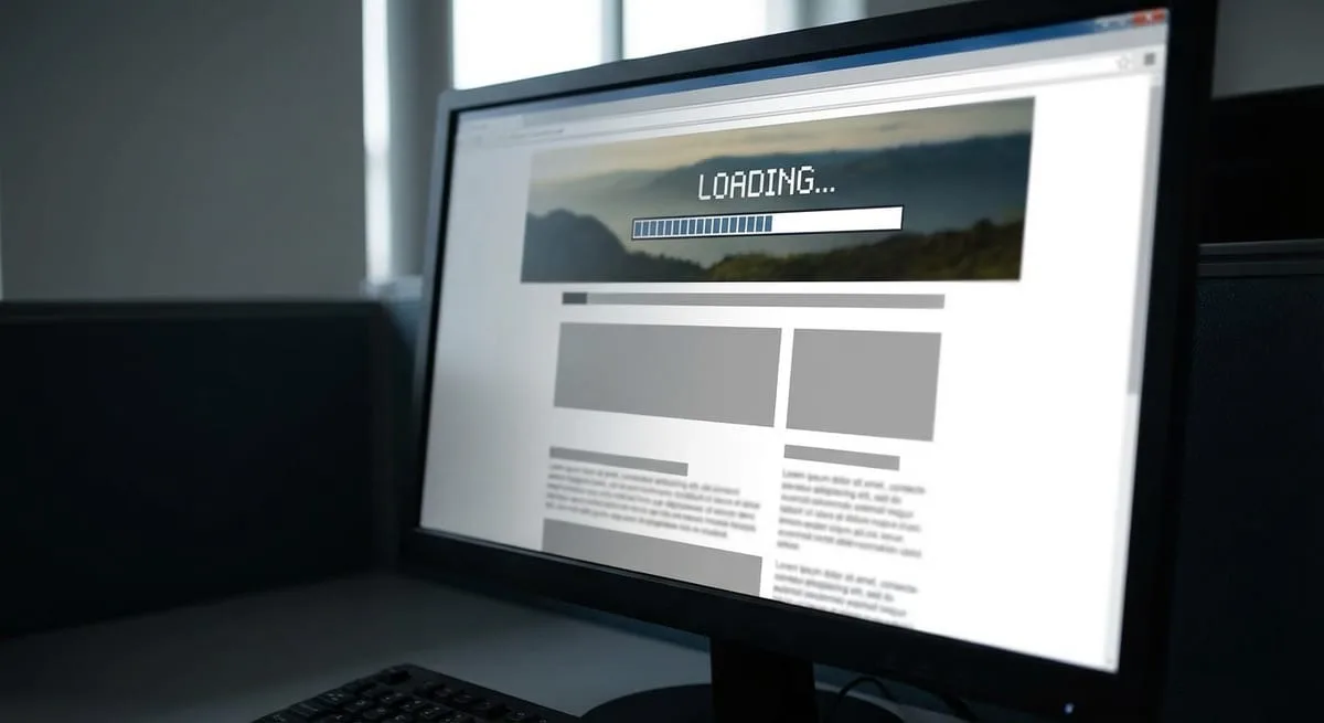 Website loading on monitor screen showing main content image appearing while other page elements still load
