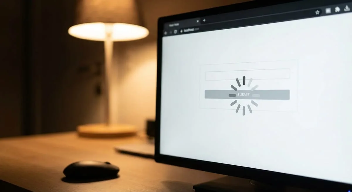 Browser displaying unresponsive web form with loading cursor demonstrating first input delay issues