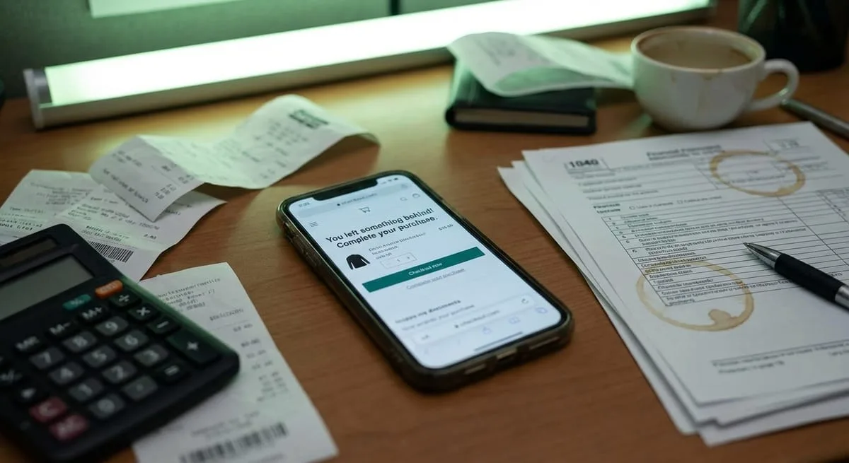 Smartphone showing abandoned shopping cart on desk with financial calculations and receipts scattered around