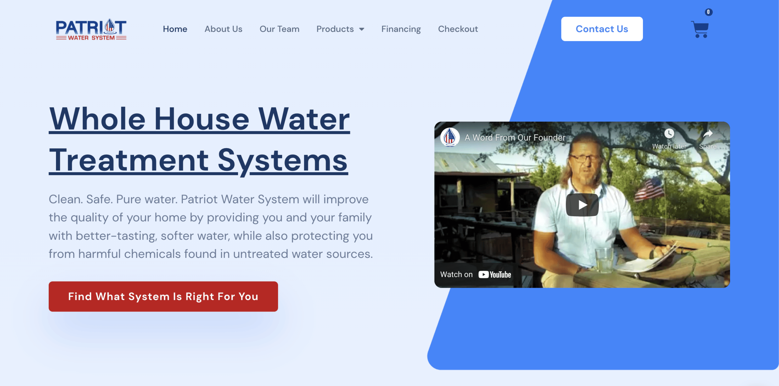Website homepage for patriot water treatment systems featuring a video testimony with an American flag in the background, highlighted in our Website Design Portfolio.