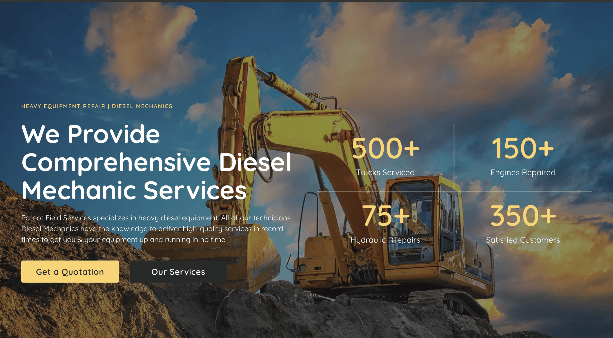 A web page for a heavy equipment repair and diesel mechanics service, featuring key statistics, a call-to-action button, and highlights from our successful website projects.