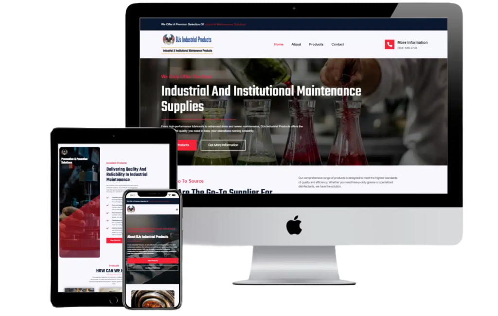 A website for industrial and institutional maintenance supplies displayed on an iMac, iPad, and iPhone, showcasing responsive design crafted by experts in website design in Jacksonville FL.