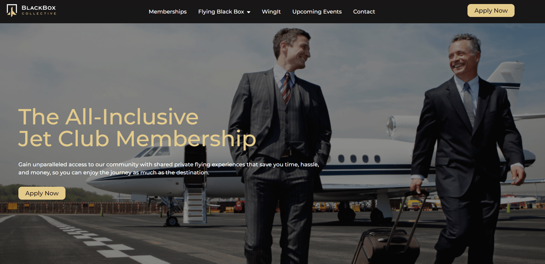 Two businessmen smiling and walking away from a private jet, promoting an all-inclusive jet club membership on their successful website.