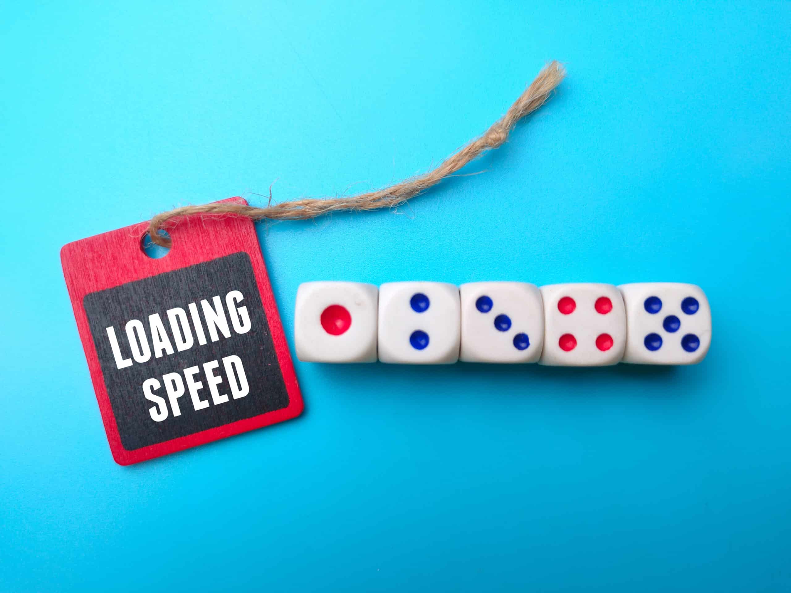 Red tag with "website speed" text next to rolled dice displaying one to five dots against a blue background.