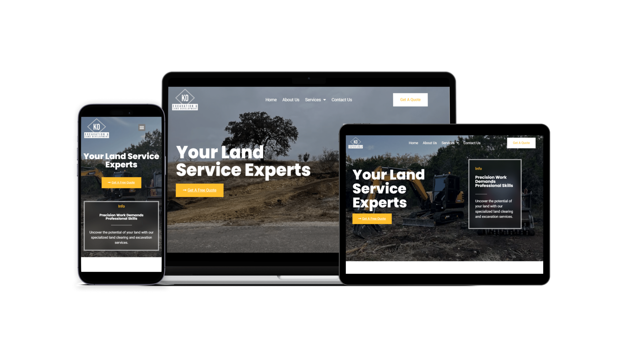 A responsive website design displayed across devices: a smartphone, laptop, and tablet, showcasing a successful land service company's homepage.