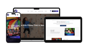 A rebranded website for a child's fitness club displayed on a tablet and laptop.