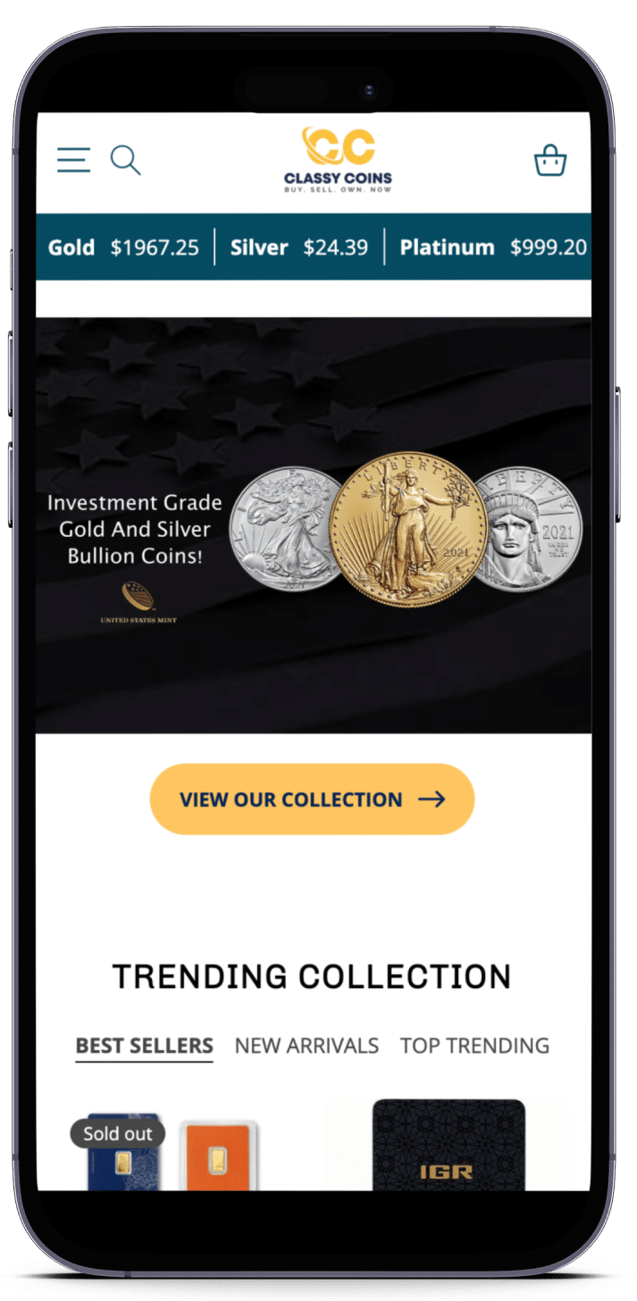 A mobile phone screen displaying a gold bullion website with a sleek web design.