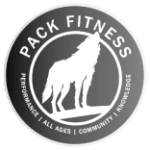 Fitness brand logo featuring a wolf silhouette with the text "Pack Fitness - performance | all ages | community | non-judgment zone", now also showcasing our website design inspired by Jacksonville, FL's vibrant