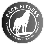 Fitness brand logo featuring a wolf silhouette with the text "Pack Fitness - performance | all ages | community | non-judgment zone", now also showcasing our website design inspired by Jacksonville, FL's vibrant