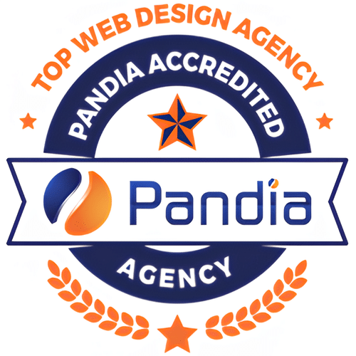 Logo of Pandia agency, awarded "top web design agency" by Pandia Accredited, featuring an orange and blue emblem encircled by laurels.