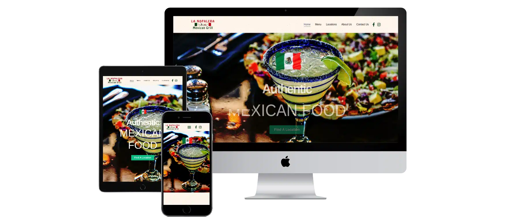 A website design portfolio showcasing authentic Mexican food is displayed on a smartphone, tablet, and desktop screen. The main image features a margarita garnished with fruit and a mini Mexican flag, exemplifying successful website projects in the culinary industry.