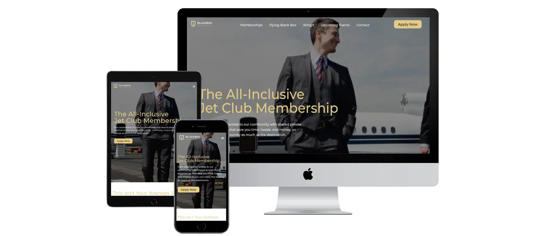 Responsive website design displayed on a tablet, smartphone, and desktop from our Website Design Portfolio, showcasing a man in a suit standing in front of a private jet with the text "The All-Inclusive Jet Club Membership.