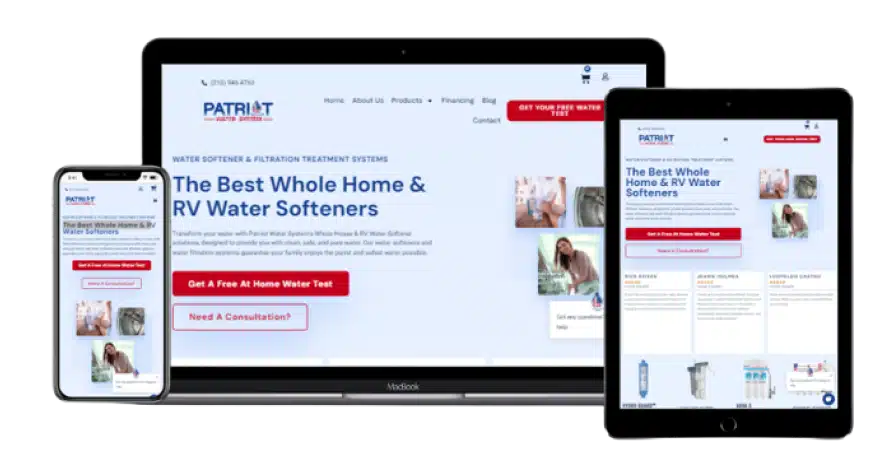 A website showcasing information about home and RV water softeners is displayed on a smartphone, laptop, and tablet. The banner offers a free at-home water test. This site exemplifies successful website projects with its intuitive design and comprehensive content.